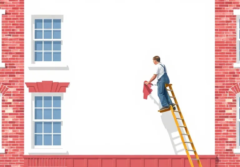 Peintre sur échafaudage traitant la façade d'une maison